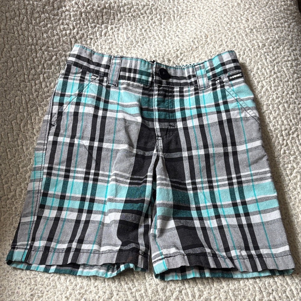 Tony Hawk Checkered Shorts in Black, Gray, and Teal.